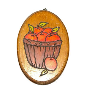 Vintage MCM Oval Wooden Wall Plaque Featuring Basket Bushel Of Apples GUC RARE